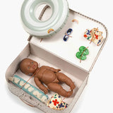 Vintage African Boy Baby Doll Suitcase with Striped Swimming Ring  Minikane   
