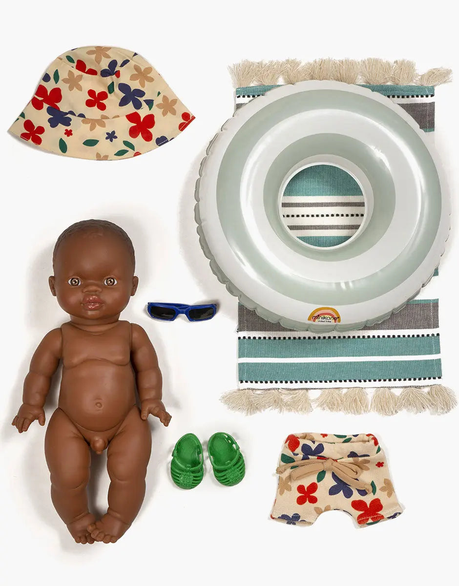 Vintage African Boy Baby Doll Suitcase with Striped Swimming Ring  Minikane   