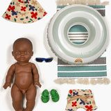 Vintage African Boy Baby Doll Suitcase with Striped Swimming Ring  Minikane   