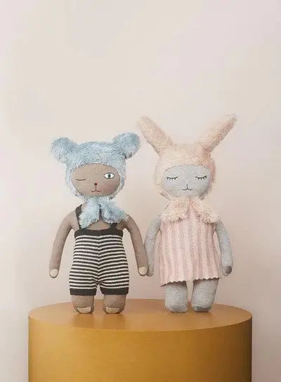 Hopsi Bunny Doll - Light Grey / Rose, Knitted Cotton Body, Handmade Bunny Plush, Kids Toy  OYOY   