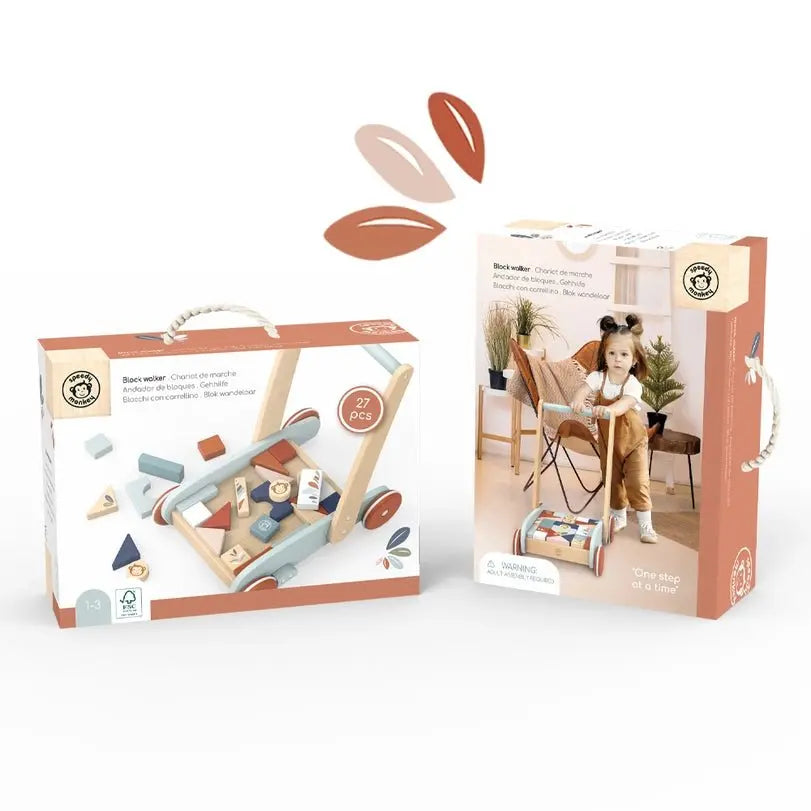Wooden Block Walker for Toddlers, Toy with Brake System, Sustainable Wood, Gift Box Included  Speedy Monkey   